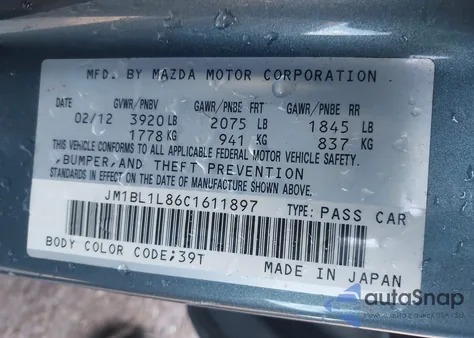 2012 Mazda Mazda3 from USA, damaged, VIN JM1BL1L86C1611897